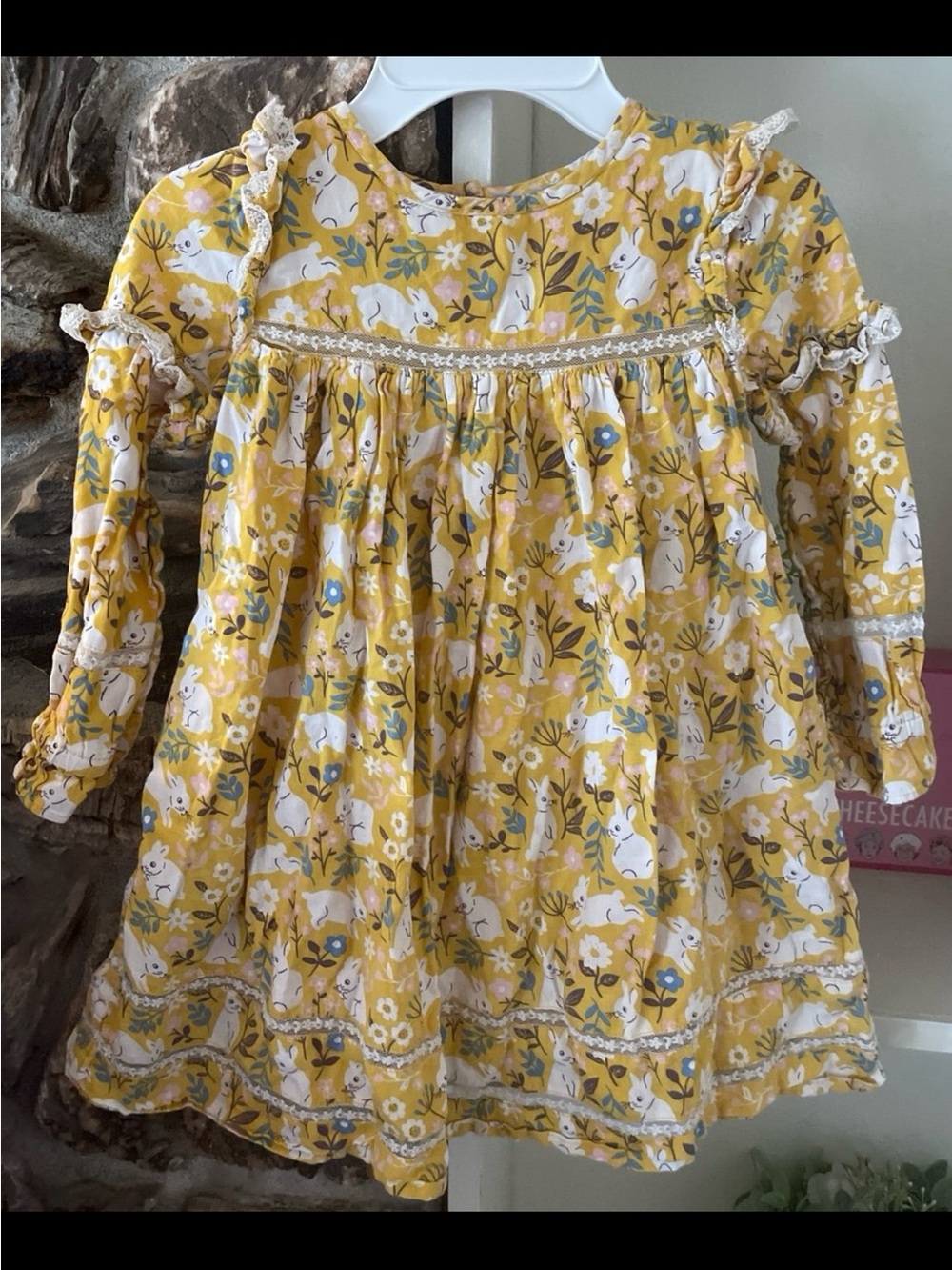 Mini Boden Yellow Bunny & Floral Long-Sleeve Dress